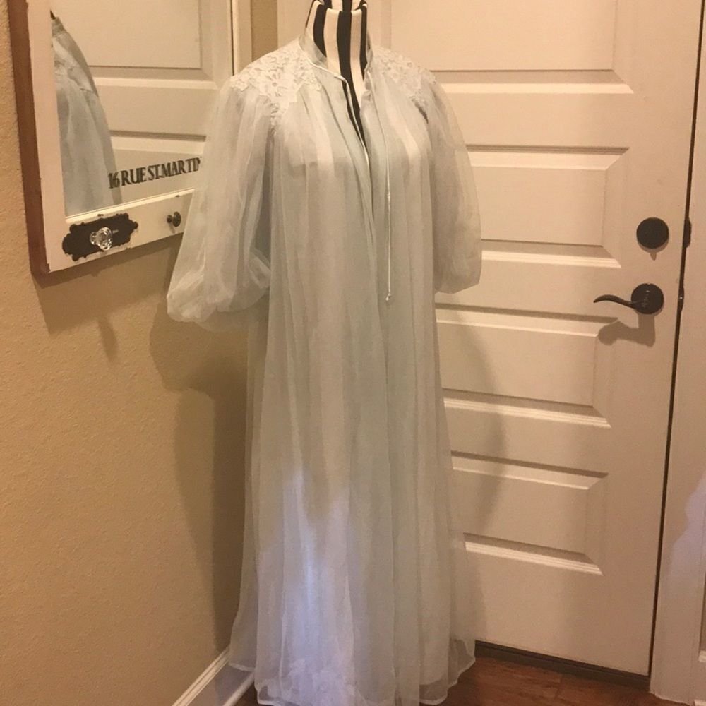 Baby blue robe with lace detail on shoulders